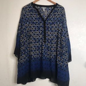 Catherines Women Blouse 3X Henley Short Sleeve Multicolor Blue Abstract